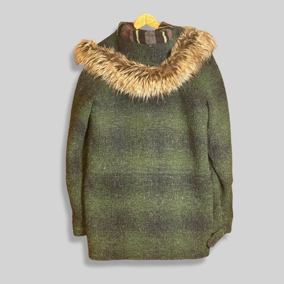 Artisan de Luxe Coat Toggle Closure Faux Fur Hood Multi Pocket Green/Brown M M - Picture 3 of 16